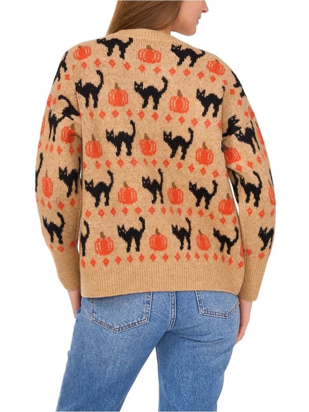 Vince Camuto Halloween Sweater Sz M + Pumpkins Black Cats Boo! - Picture 2 of 6